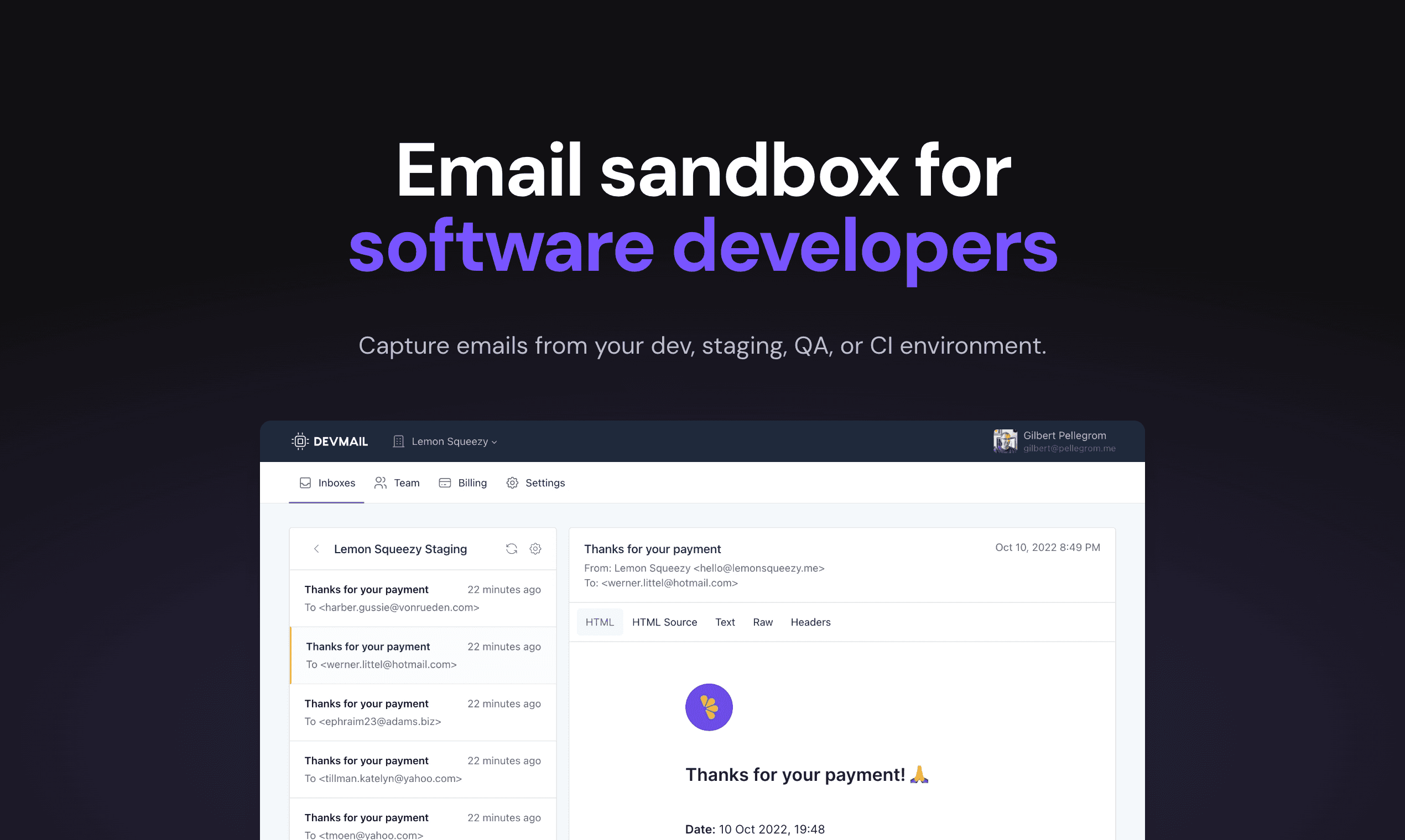 DevMail — email sandbox for software developers, showing a captured inbox